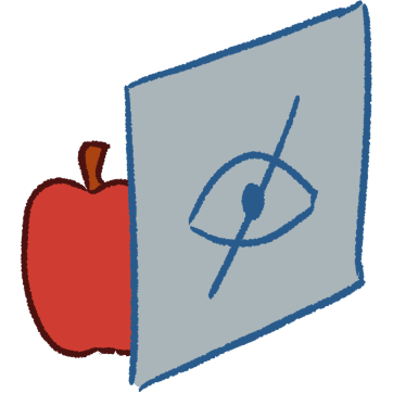 A drawing of a red apple partially hidden behind a large gray square with a crossed-out eye on it.
